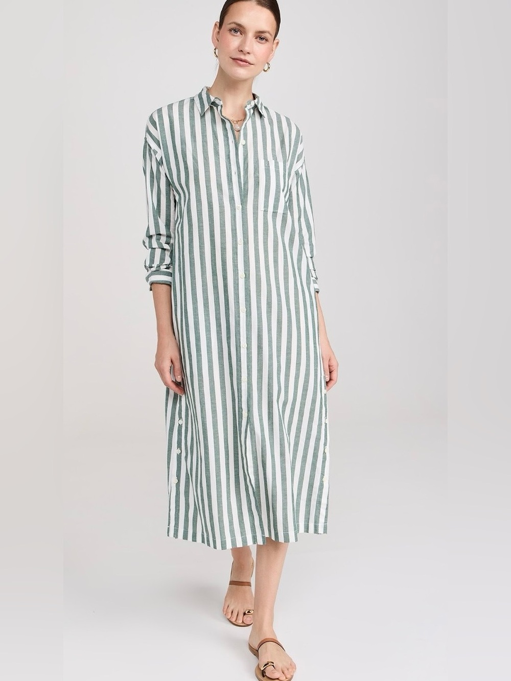 Alex Mill Linen + Cotton Green and White Striped Midi Shirt Dress.Size S